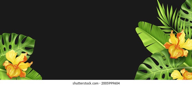 black background with palm leaves and flowers