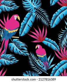 black background parrot pattern tropical leaf print pink parrot 