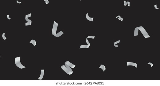 Black Background Party Overlay with Realistic Metallic Silver Confetti and Streamers. realistic pattern over a transparent background, ideal for adding a celebratory, decorative touch to invitations,