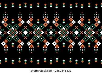 a black background with a pattern of orange, green and white diamonds