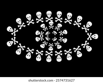 Black background with a pattern of white skulls and crossbones, resembles an eye. 