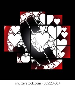 black background with phone call illustration and love hearts pattern together vibrant colors vector print pattern. for fashion and graphic design. t shirt print, poster, special day gift print offer.