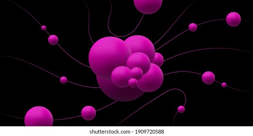 Black background with pink balls 3D. Realistic business banner. Vector illustration with dynamic spheres. Abstract science backdrop. Molecular wallpaper. Design poster, flyer, wallpaper. Stock.