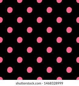 Black background with pink polka dots. Vector illustration for textile, surface, packaging, packaging design.