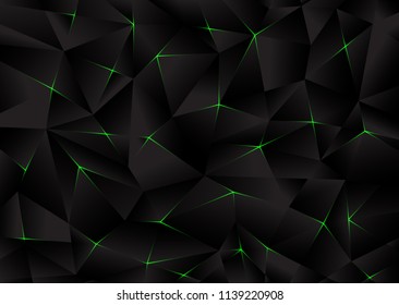 Black background from polygonal shapes and green light effects. Vector illustration