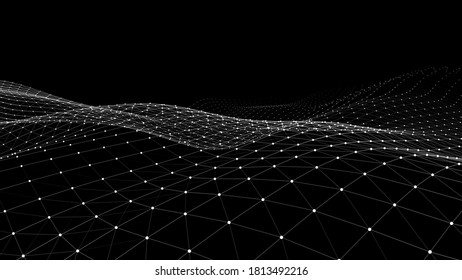 Black background for presentation. Abstract dynamic wave of many particles and lines. Vector perspective grid. Network or connection. Detailed lines forming an abstract background.