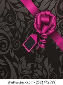 A black background with a purple ribbon tied into a bow, featuring a blank tag. Perfect for adding a festive and celebratory touch to designs and projects.
