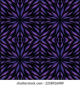 Black background with purple tile pattern leaves botanical decorative element isolated on square template for social media template, paper and textile scarf print, or poster.
