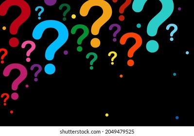 Black background with rainbow question mark. Random large and small question mark.  FAQ background. Asking questions. Ask for help. Vector modern background.