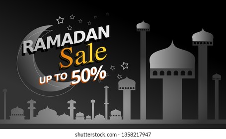Black Background Ramadan Sale, web header or banner design with crescent moon and flat 50% off offers on mosque pattern background. - Vector