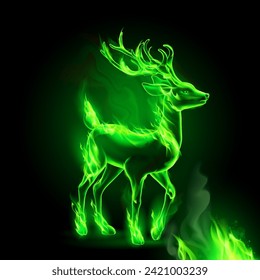Black background with realistic green fire flames effect, featuring a fiery black silhouette deer and sparks