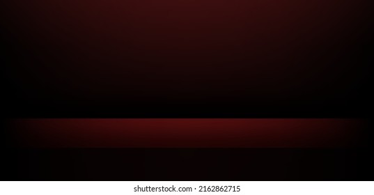 Black background. Realistic black and red studio wall. Minimal 3d shelf. Room in the 3d. Vector illustration.