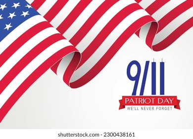 Black background, red, blue colors 9 11 USA Never Forget September 11, 2001. Vector conceptual illustration for Patriot Day USA poster or banner. 