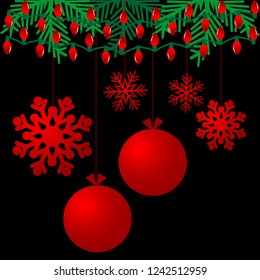 Black background with red christmas decorations. Branches christmas tree with red holiday lights. Merry Christmas and Happy New Year.