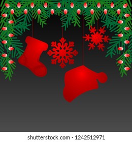 Black background with red christmas decorations. Branches christmas tree with red holiday lights. Merry Christmas and Happy New Year.