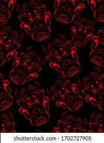 Black background with red devil heads, seamless patterns, abstract motif, textile or wrappaper design, evil face, vector background