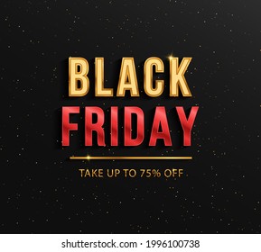 Black background with red and gold letters for Black Friday. Logo for sales, discounts and price reductions. 