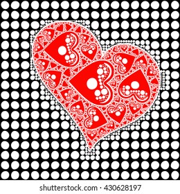 black background with red hearts together and polka dots