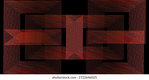 Schwarzer Hintergrund mit roten, glänzenden geometrischen Linien. Modernes glänzendes rotes quadratisches Linienmuster. Elegantes Grafikdesign. Futuristisches Technologiekonzept.