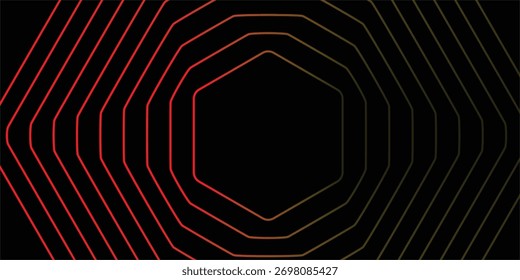 Fondo negro con el túnel rojo-anaranjado del gradiente del hexágono, Ilustración vectorial.