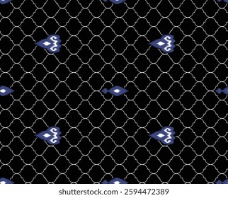 A black background with a repeating pattern of silver diamond shapes and blue decorative elements, ideal for wallpaper, textile, gift wrapping.