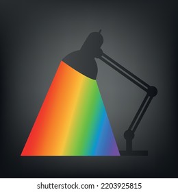 Fondo negro con lámpara de oficina retro brillando en colores arcoiris, símbolo de orgullo e igualdad y vida eterna