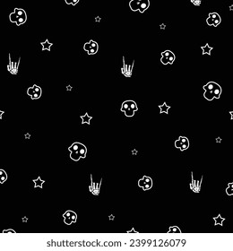 Black background with Rock Hand Sign and stars.Background with white skulls. Rock black background.White stars. Rock Music Pattern