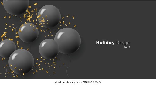 Black background with round black air balloons flying up with golden confetti, modern style luxury premium backdrop