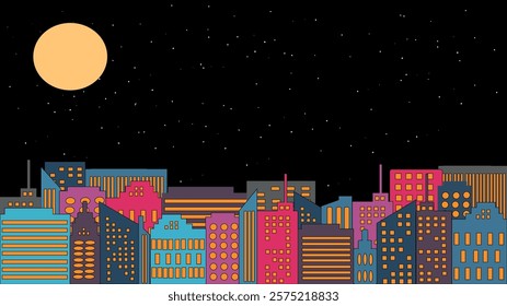 Black background with a round moon and a lot of buildings in a city of different colors under a starry sky