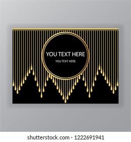 Black background with round sample for text and golden metal drops.
Template for web and print, posters, banners. Art deco and Art nuvo style.
