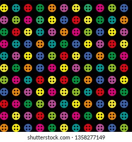 Black background with seamless bright colored round buttons with four dot holes pattern, vector illustration