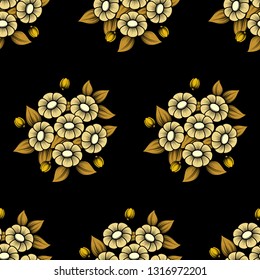 Black background with seamless floral daisies gold pattern