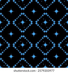 black background with seamless pattern of blue stars.   a striking contrast. The pattern is symmetrical. The overall effect is a starry night sky.