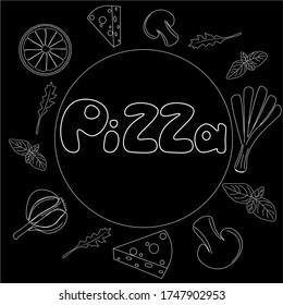 black background separate ingredients for pizza, vegetables