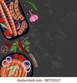 Black background with set of Grilled sausages. Place for you text. Top view Vector illustration eps 10