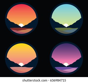 Black background set
 mountains landscape, night, morning and sunset
flat icons