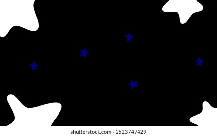 A black background with several white, irregular shapes. There are five blue stars scattered across the image