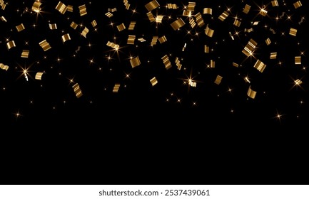 Black background with shimmering gold confetti and sparkling glitter, perfect for Christmas, New Year, and birthdays. Ideal for party invitations, event templates, and celebration designs.
