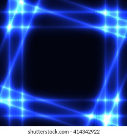 Black background with shining neon blue grid or border or frame. Dark template  with glowing blue squares. Place for you text.