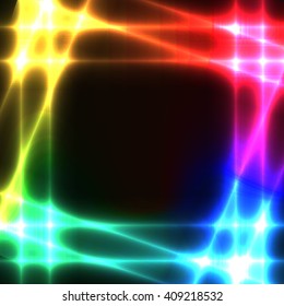 Black background with shining neon rainbow grid or border or frame. Dark template  with glowing spectrum squares. Place for you text.