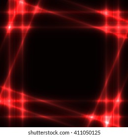 Black background with shining neon red grid or border or frame. Dark template  with glowing red squares. Place for you text.