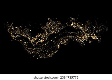 Black background with a shiny wavy flow of gold confetti. Gold glitters holiday background.
