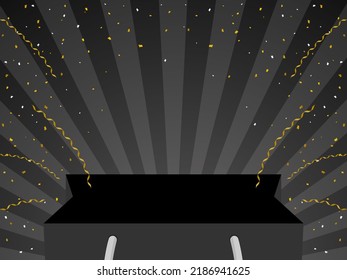 black background with shopping bag and confetti