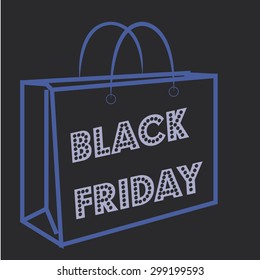 Black background with a shopping bag and text. Vector illustration