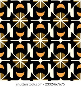 Black background showcases an eye catching orange and white design reminiscent of art deco and 70s aesthetics.