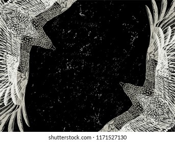 Black background with silhouette flying owls. Old backdrop.Poster for tattoo salon.Line art.Nature pattern.Black and white illstration.Skein in the night sky.Hand drawn eagles. 