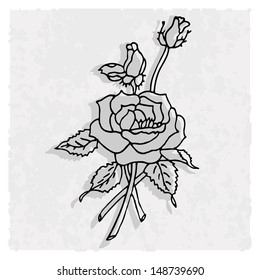 Black background silhouette of rose. Vector illustration. 