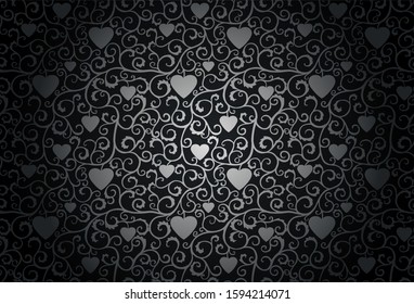 Black background of silver curls and hearts, retro style.
