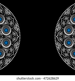Black background with Silver Round Ornament Pattern with Blue gemstones. Arabic, Islamic, East style. Vector illustration for greeting card, postcard, invitation, poster, banner with place for text