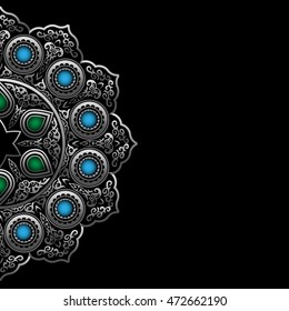 Black background with Silver Round Ornament Pattern with gemstones. Arabic, Islamic, East style. Vector illustration for greeting card, postcard, invitation, poster, banner with place for text